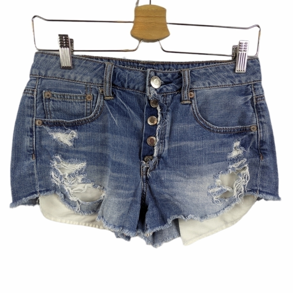 AEO Hi-Rise Festival Button Fly Destroyed Cut Off Jean Shorts Sz 4